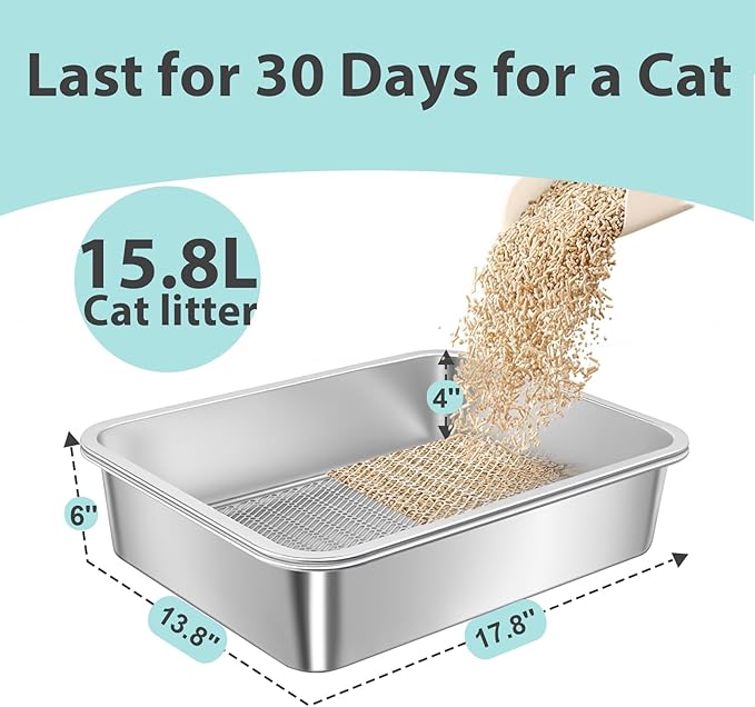 Stainless Steel Sifting Litter Box for Pine Pellets,Sifting Cat Litter Box for Wood Pellets,Large Sifter Litter Pan System with Litter Liners and Scoop-17.72'' L x13.78'' W x6''H
