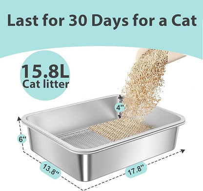 Stainless Steel Sifting Litter Box for Pine Pellets,Sifting Cat Litter Box for Wood Pellets,Large Sifter Litter Pan System with Litter Liners and Scoop-17.72'' L x13.78'' W x6''H