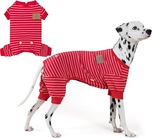 KYEESE Dog Pajamas, Striped Clothes Pet PJS, Velvet Fleece Doggie Jammies, Soft 4 Legs Outfit Dog Pajamas, Cozy Pet Clothes Onesie, Comfortable PJS for Medium Dogs,Red Striped, XX-Large