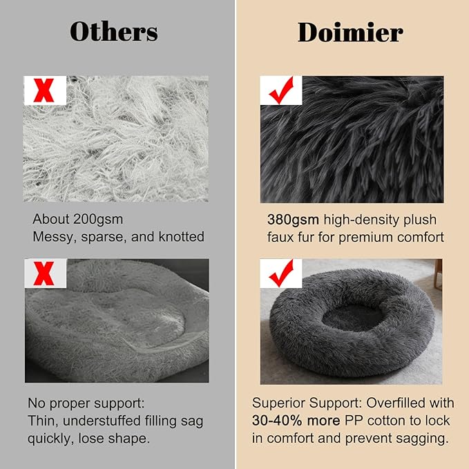 Calming Donut Dog Beds for Small Dogs Cats - Washable Removable Cover Non-Slip Bottom, Round Pet Bed Puppy Bed Warming Fluffy Faux Fur Anti-Anxiety, Fits up to 25 lbs (Dark Grey, 23")