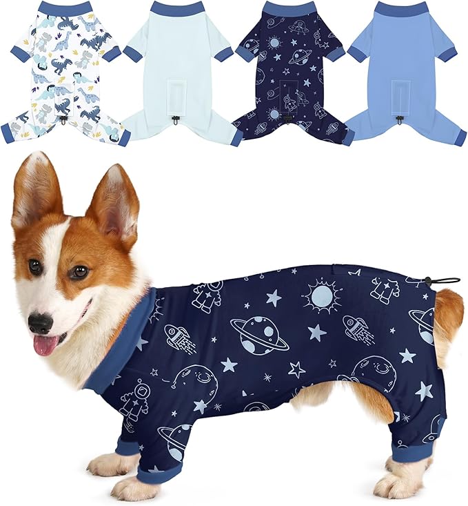 Bienbee Dog Pajamas, 4 Pack Dog Recovery Suit Shedding Suit Cute Soft Puppy Clothes Dogs Pjs Onesies Jammies Adjustable Breathable & Stretchy Clothes for Small Medium Large Dogs Girl Boy Puppy-XL