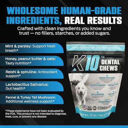 K10 Dental Chews (60 Count) – Low-Calorie Dog Chew with Human-Grade Ingredients – Dog Chews That Support Fresh Breath, Oral Hygiene, Digestion & Vitality – Vet-Preferred Dental Treats for Dogs