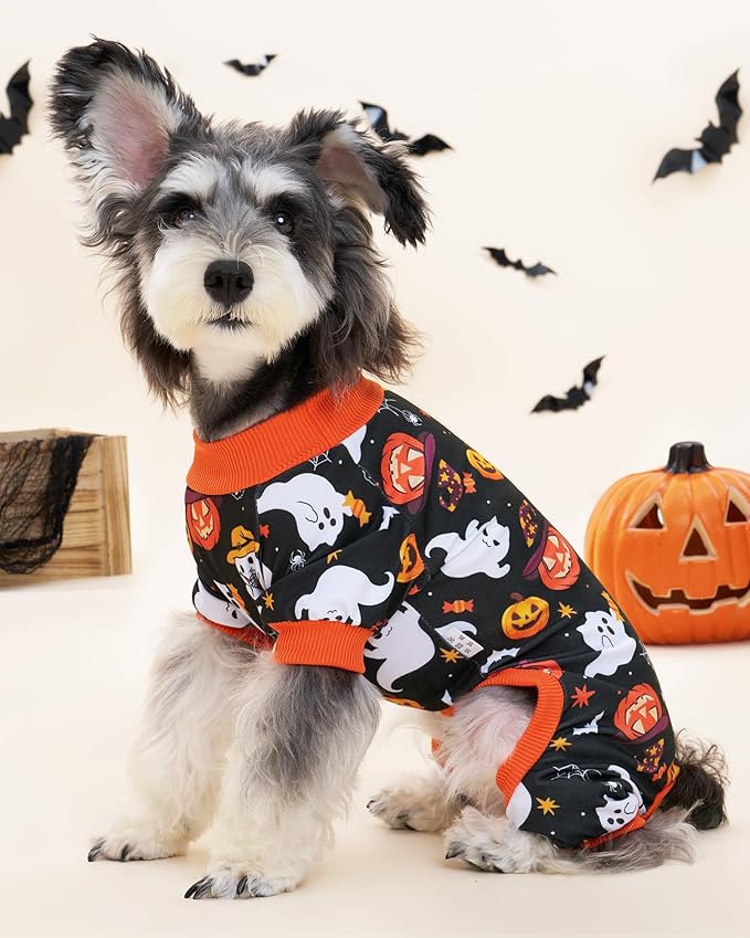 XPUDAC 4 Pack Halloween Dog Pajamas, Funny Ghost Halloween Costumes for Dogs, Soft Strechy Doggy Clothes for Small Medium Dogs Boy Girl, Pet Apparel, S
