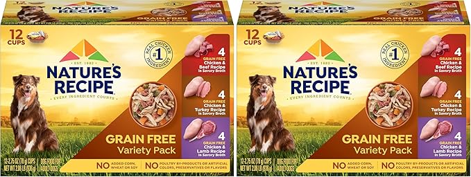 Nature's Recipe Grain Free Wet Dog Food Variety Pack, Chicken Recipes with Beef, Turkey & Lamb in Savory Broth, 2.75 oz. Cups (Pack of 48)