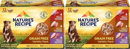 Nature's Recipe Grain Free Wet Dog Food Variety Pack, Chicken Recipes with Beef, Turkey & Lamb in Savory Broth, 2.75 oz. Cups (Pack of 48)