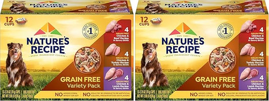 Nature's Recipe Grain Free Wet Dog Food Variety Pack, Chicken Recipes with Beef, Turkey & Lamb in Savory Broth, 2.75 oz. Cups (Pack of 48)