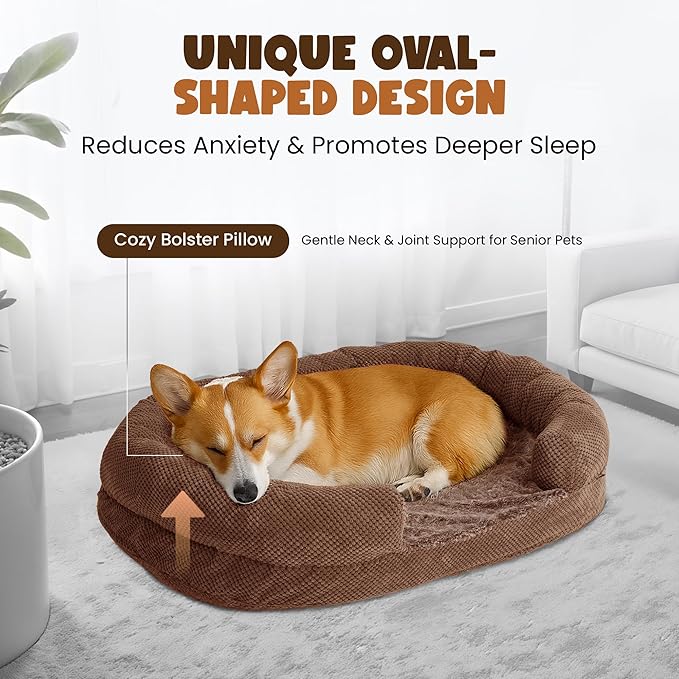 Medium Dog Bed 35 in for Medium& Large Dogs, Orthopedic Washable Memory Foam Dog Bed, Calming Bolster Couch Sofa, Oval Dog Bed with Removable Cover