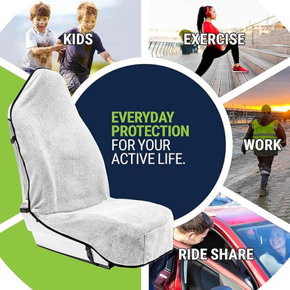 Season Guard Terry Cloth Sweat Towel Seat Cover; Carseat Towel Protector; Great for Gym Workout; Waterproof; Universal Fit for Car SUV Van Truck; EZ fit; Non Slip Grip; Machine Washable; 2pc White
