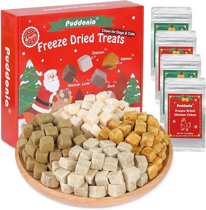 Freeze Dried Cats & Dogs Treats - 4 Single-Ingredient Raw Flavors (Chicken/Duck/Salmon/Liver), 50g x 4 Bags, All Natural High Protein Pet Training Treats