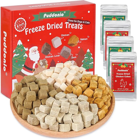 Freeze Dried Cats & Dogs Treats - 4 Single-Ingredient Raw Flavors (Chicken/Duck/Salmon/Liver), 50g x 4 Bags, All Natural High Protein Pet Training Treats