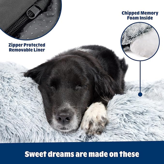 Barkbox Dog Bed, 2-in-1 Memory Foam Donut Cuddler Dog and Cat Bed, Calming Orthopedic Joint Relief Fur Crate Lounger for Pets, Machine Washable + Removable Cover, Waterproof Lining, Includes Toy