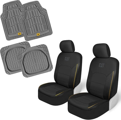 CAT PU Leather Seat Covers for Cars – (2) Front Seat Covers with (4) All-Weather Heavy-Duty Floor Mats for Trucks, Cars, & SUVs Combo Set – Car Interior Protection Liners for Car Seats and Floors
