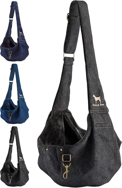 Noah & Paw Dog Sling Carrier for Small Dogs 5-18lb, Dog Sling for Small Dogs and Cats, Dog Carrier with Adjustable Padded Strap, Premium Denim, Lined with Fur, Double Safety Feature, Machine Washable