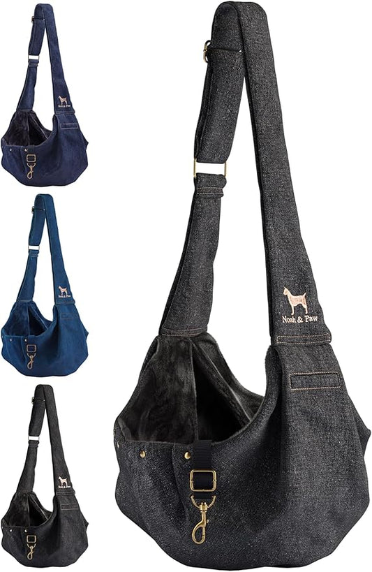 Noah & Paw Dog Sling Carrier for Small Dogs 5-18lb, Dog Sling for Small Dogs and Cats, Dog Carrier with Adjustable Padded Strap, Premium Denim, Lined with Fur, Double Safety Feature, Machine Washable