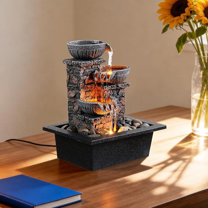 Kalona Tabletop Water Fountain, 3-Bowl Indoor Waterfall with LED Light | 9 cascading streams create soothing water sounds; rock-castle resin decor for meditation, relaxation, home, office or desk.