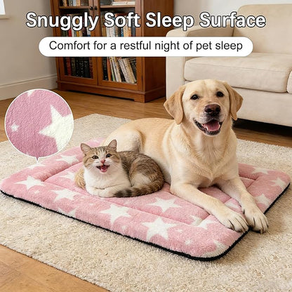 Dog Bed Mat – Soft & Comfortable Dog Kennel Pad for Crate – Durable Crate Bed & Mat for Dogs & Cats – Ideal for Crate, Kennel, and Home Use (Big&Little Stars Pink, L(35"*23"*1.5"))