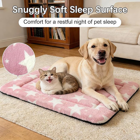 Dog Bed Mat – Soft & Comfortable Dog Kennel Pad for Crate – Durable Crate Bed & Mat for Dogs & Cats – Ideal for Crate, Kennel, and Home Use (Big&Little Stars Pink, L(35"*23"*1.5"))