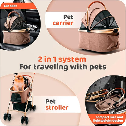 Pet Stroller for Small Medium Dogs & Cats – 2-in-1 Detachable Carrier, Zipperless Entry, Lightweight Folding Travel Stroller with Storage Basket, Cup Holder, Brown