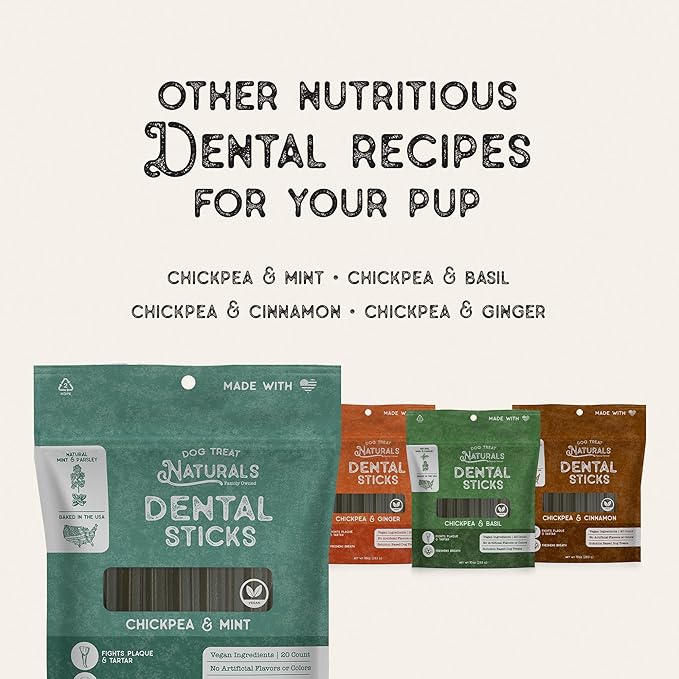 Dog Treat Naturals Chickpea & Cinnamon Dental Sticks 10oz, 20ct | Dog Dental Chew Treats for Small, Medium, Large Dogs | Freshen Breath, Fight Plaque-Tartar | Natural Teeth Cleaning Treats | USA Made
