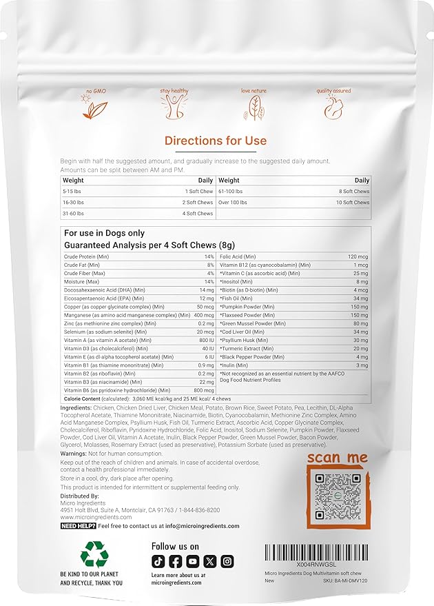 Micro Ingredients 25-in-1 Dog Multivitamin, 240 Soft Chews | Daily Essential Dog Vitamins and Supplements for Immune, Skin, Coat, Joints & Digestion Health* | Non-GMO, Chicken-Flavored