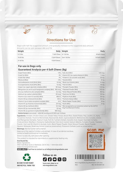 Micro Ingredients 25-in-1 Dog Multivitamin, 240 Soft Chews | Daily Essential Dog Vitamins and Supplements for Immune, Skin, Coat, Joints & Digestion Health* | Non-GMO, Chicken-Flavored
