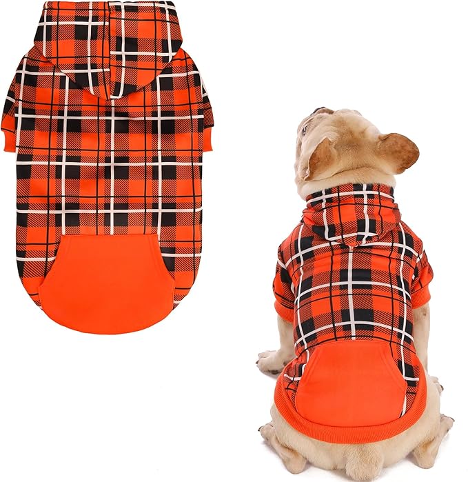 EXPAWLORER Plaid Dog Hoodie - British Style Warm Dog Sweater Shirt with Leash Hole,Pitbull Clothes Outfits,Winter Coat Apparel for All Breeds Puppy Girl Boy-Cat Apparel,Orange X-Small