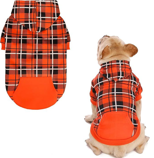 EXPAWLORER Plaid Dog Hoodie - British Style Warm Dog Sweater Shirt with Leash Hole,Pitbull Clothes Outfits,Winter Coat Apparel for All Breeds Puppy Girl Boy-Cat Apparel,Orange X-Small
