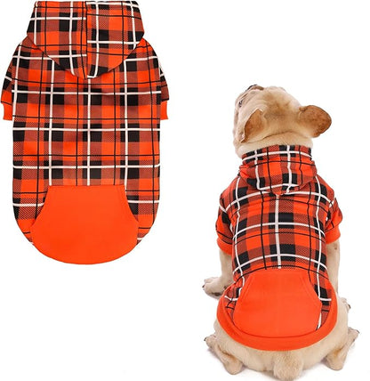 EXPAWLORER Plaid Dog Hoodie - British Style Warm Dog Sweater Shirt with Leash Hole,Pitbull Clothes Outfits,Winter Coat Apparel for All Breeds Puppy Girl Boy-Cat Apparel,Orange S-Medium