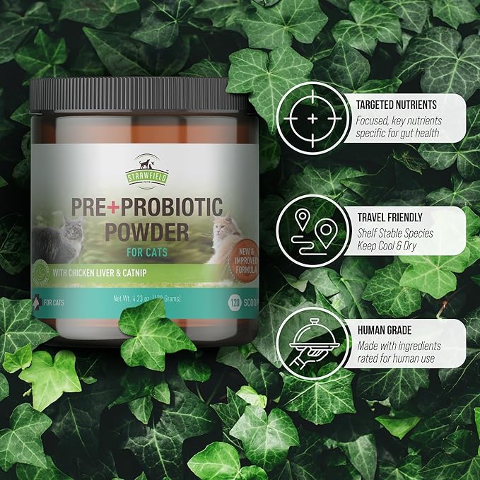 Strawfield Pets' Pre + Probiotic Powder for Cats with Catnip Probiotic for Cats Constipation, Diarrhea, Digestion Relief Immune Support Supplement Natural Chicken Liver Flavor 120 Grams / 120 Scoops