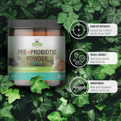 Strawfield Pets' Pre + Probiotic Powder for Cats with Catnip Probiotic for Cats Constipation, Diarrhea, Digestion Relief Immune Support Supplement Natural Chicken Liver Flavor 120 Grams / 120 Scoops