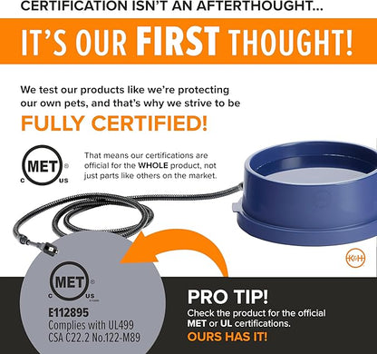 K&H Pet Products Thermal-Bowl Heated Water Bowl for Cats & Dogs Outside, Safety Listed Outdoor Heated Dog Dish for Pets, Automatic No Freeze, Anti Chew Cord - 96 Ounces Blue 25W