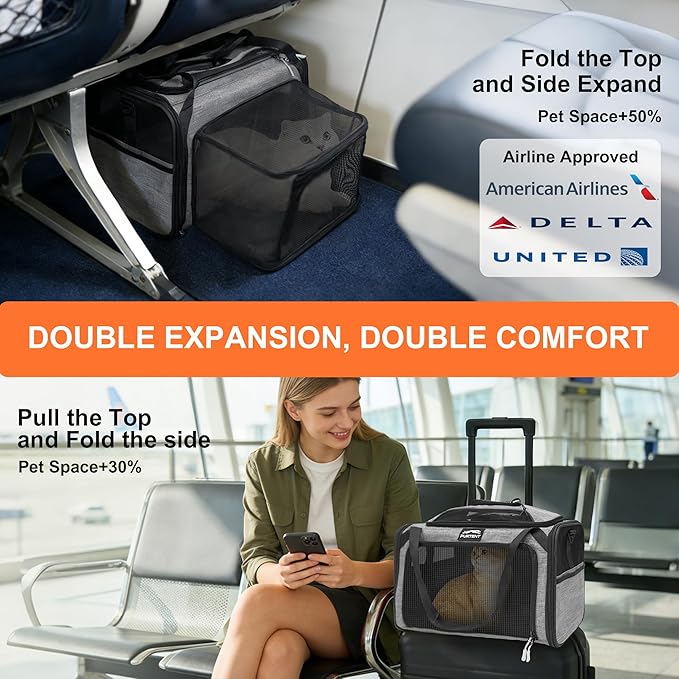 Cat Carrier, Airline Approved Dog Carrier with Top and Side Expansion, 360° Ventilation Soft-Sided Cat Carrier with Safety Leash, Foldable Travel Carrier for Small Cats and Dogs,Grey