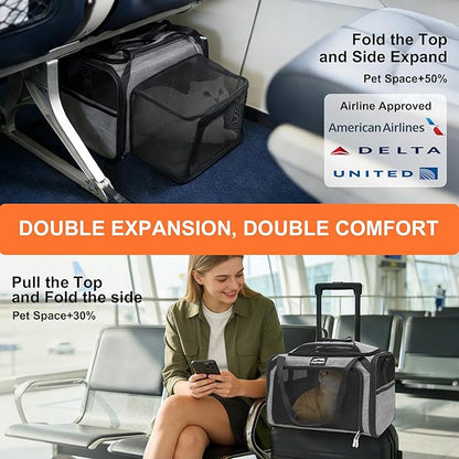 Cat Carrier, Airline Approved Dog Carrier with Top and Side Expansion, 360° Ventilation Soft-Sided Cat Carrier with Safety Leash, Foldable Travel Carrier for Small Cats and Dogs,Grey