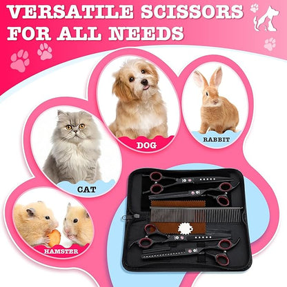 Dream Reach Dog Grooming Scissors - 7" Professional 6 in 1 Sharp Dog Shears Set Thinning, Chunker, Straight, Curved Shears and Comb for Dog Cat Pet, Pink