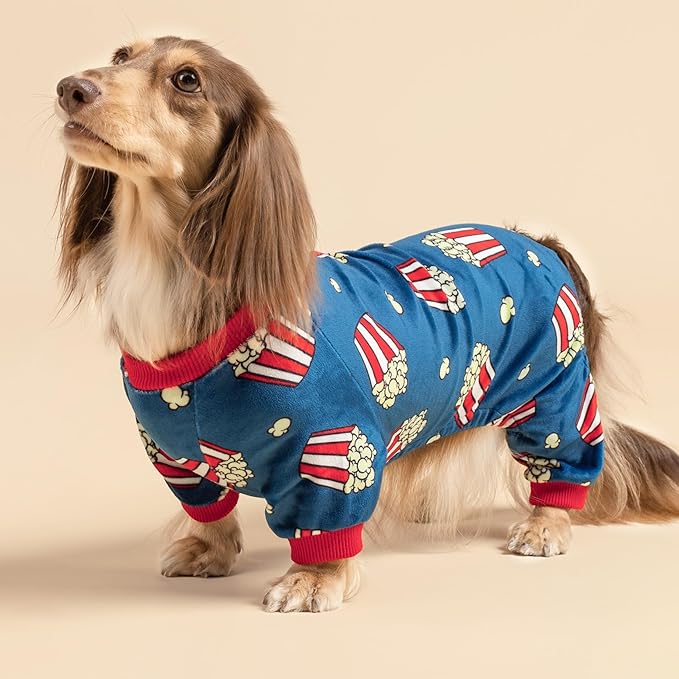 Fitwarm Popcorn Dog Pajamas, Funny Dog Clothes for Small Dogs Boy Girl, Fleece Pet Onesie with Feet, Blue, Red, White, Yellow, Small