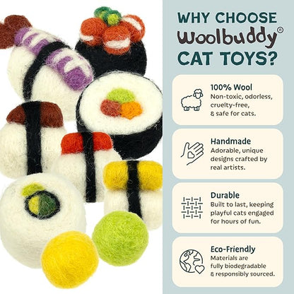 Woolbuddy Sushi Cat Toy Set – Wool Felt Interactive Toys for Indoor Cats & Kittens, Catnip-Free, Durable, Cute Enrichment Toys for Bored Cats, Natural Wool Dental & Hunting Play (Small – 9 Pcs)