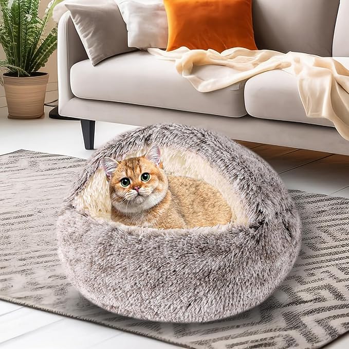 FORMYCATIE Cat Beds for Indoor Cats,Cat Cave for Puppy and Kitty,Calming Small Dog Bed for Small Dogs with Cover Cave,Cozy Warming Fluffy Washable Anti-Slip Pet Sleeping Bag (Khaki, 22 * 22inch)