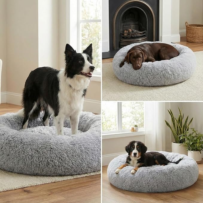 Calming Pet Bed with Water-Resistant Inner Liner – Anti-Anxiety Donut Dog & Cat Bed with Removable Washable Cover – Supportive Plush Nest, Non-Slip & Cushion Protection – Large, Grey