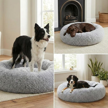 Calming Pet Bed with Water-Resistant Inner Liner – Anti-Anxiety Donut Dog & Cat Bed with Removable Washable Cover – Supportive Plush Nest, Non-Slip & Cushion Protection – Small, Grey