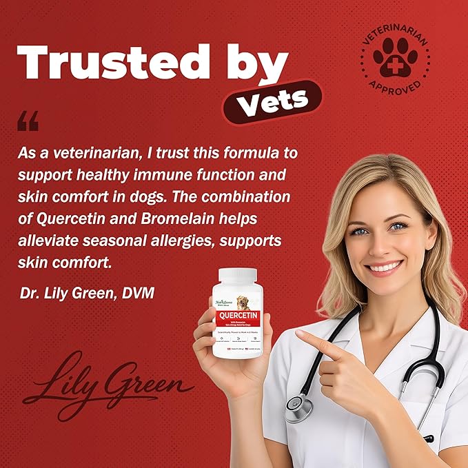 Quercetin for Dogs with Bromelain, Soothe Itchy Skin, Ear Infections, Seasonal Allergies, Immune Boost & Supports Healthy Digestion，Natural Formula – 120 Tablets