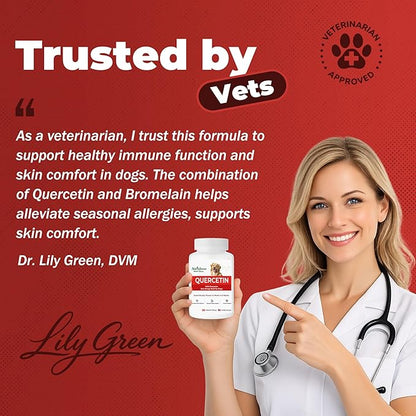 Quercetin for Dogs with Bromelain, Soothe Itchy Skin, Ear Infections, Seasonal Allergies, Immune Boost & Supports Healthy Digestion，Natural Formula – 120 Tablets