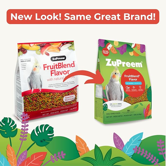 ZuPreem FruitBlend Bird Pellets, Daily Bird Food for Cockatiel, Lovebird, Quaker, Small Conure, Lorikeet, Core Nutrition, Cockatiel Pellets, Conure Food (M, 2 lbs)