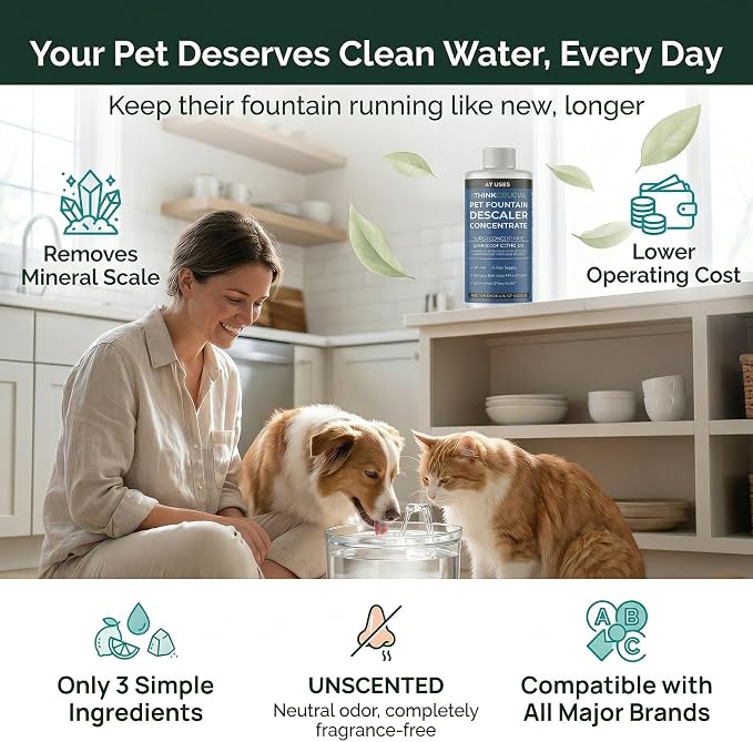 Think Crucial Pet Fountain Descaler – Drinkwell PetSafe Catit PETLIBRO – 47 Uses – 8 fl oz