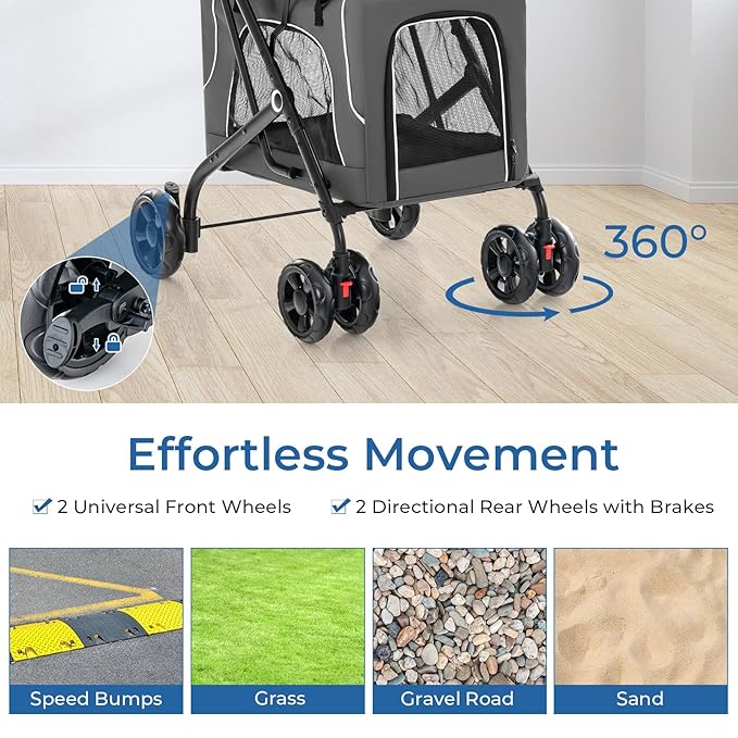 Foldable Pet Stroller, Removable Dog Stroller with 2 Front Universal Wheels, All Terrain Travel Cat Storage Bag with 2 Braked Rear Wheels, Pet Safety Seat, Gray