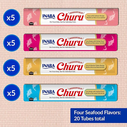 INABA Churu Cat Treats, Lickable, Squeezable Creamy Purée Cat Treat with Green Tea Extract & Taurine, 0.5 Ounces Each Tube, 20 Tubes, Seafood Variety Box