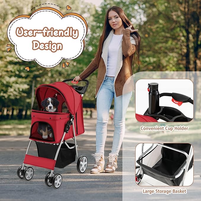 4 Wheels Dog Stroller, Foldable Pet Stroller for Small/Medium Dogs Cats, Cat Carrier with Storage Basket and Cup Holder, Pet Car Seat with Soft Pad, Red