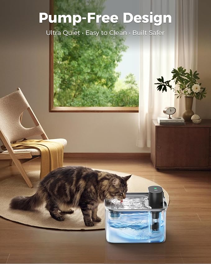 Wireless Cat Water Fountain, 99oz/2.8L Pump-Free Ultra-Quiet Pet Water Dispenser, 304 Stainless Steel with Multi-Layer Filtration, 3 Smart Modes & Motion Sensor, Fountain for Cats/Dogs
