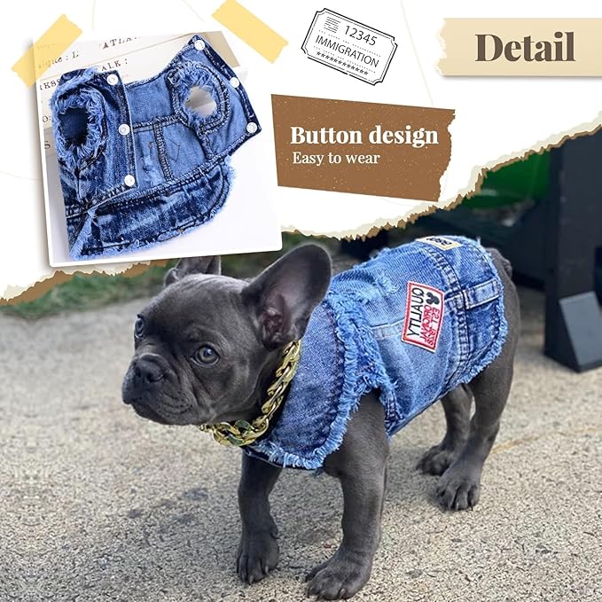 Cool Dog Jean Jacket Small Puppy Outfits Frenchie Clothes Denim Coats for Small Medium Dogs Cats Boys Girls Pet Vest Dog Shirt Clothing Doggy Costume (Blue Print, L（Suggest 9-12 lbs）)