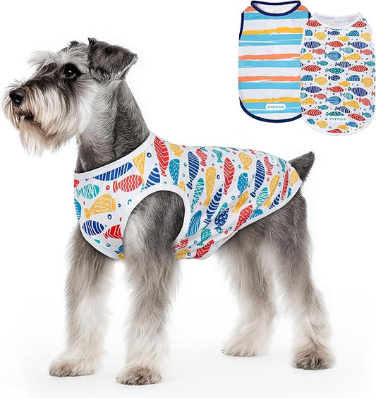 cyeollo 2pack Dog Cooling Shirt, Breathable Sleeveless Summer Clothes for Dogs, Intant Cool T Shirts for Small Dogs, Blue Fish M