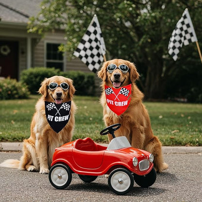 JarThenaAMCS 2Pcs Race Car Pit Crew Dog Bandana Red Black Race Checkered Flag Triangle Pet Scarf Adjustable Pet Neckerchief for Sports Dog Birthday Costume Accessories